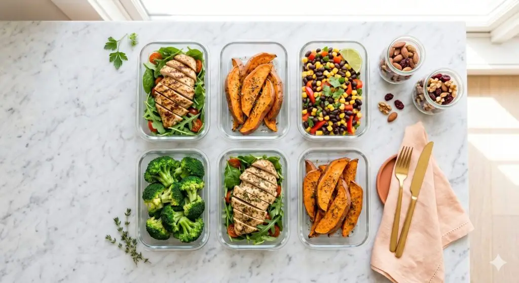 PCOS beslenme planı için hazırlanmış haftalık meal-prep kapları: ızgara tavuk ve yeşillik, fırınlanmış tatlı patates, mısırlı siyah fasulye salatası, brokoli ve kuruyemiş kavanozları
