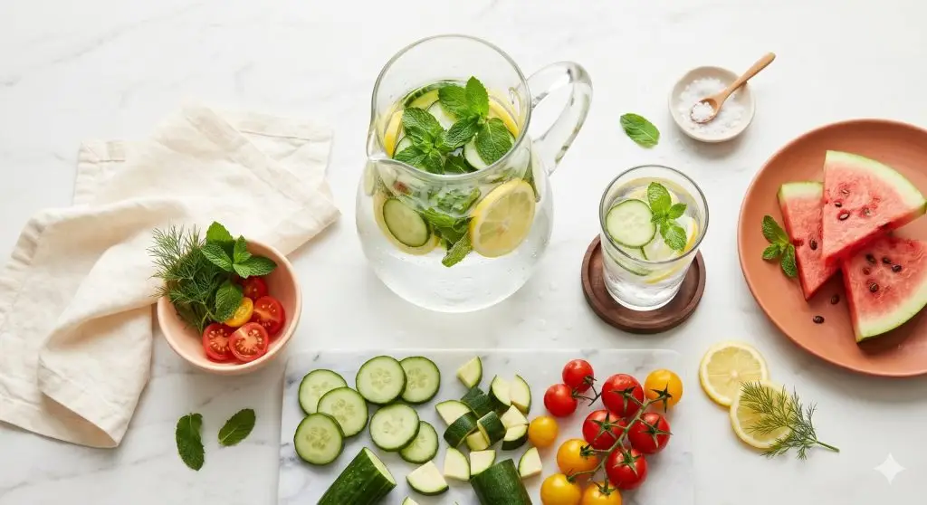 Limon, salatalık ve nane ile hazırlanmış su, doğranmış mevsim sebzeleri ve karpuz dilimleri