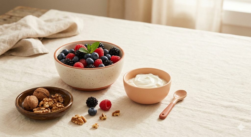 Düşük şekerli meyve + protein eşliği
