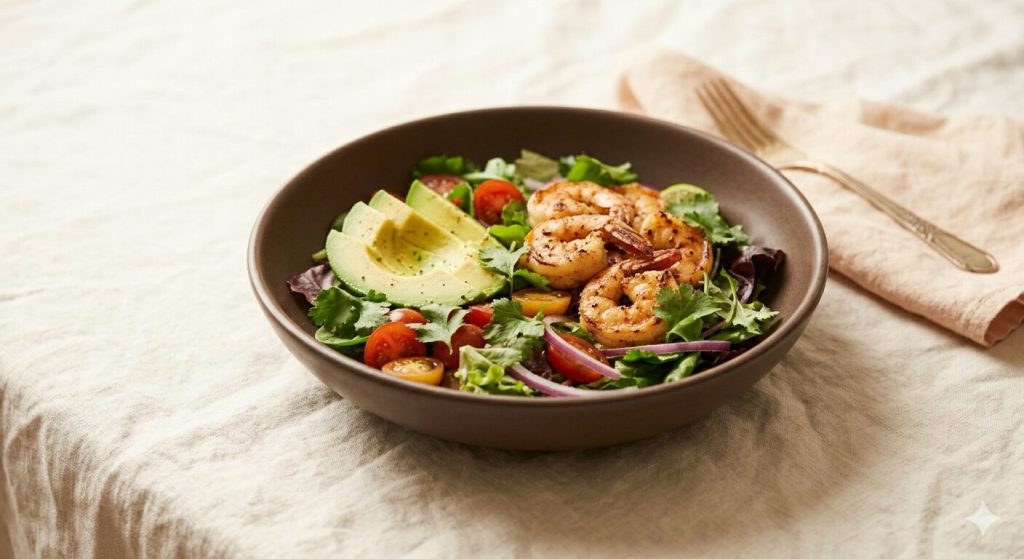 Karidesli avokado salatası