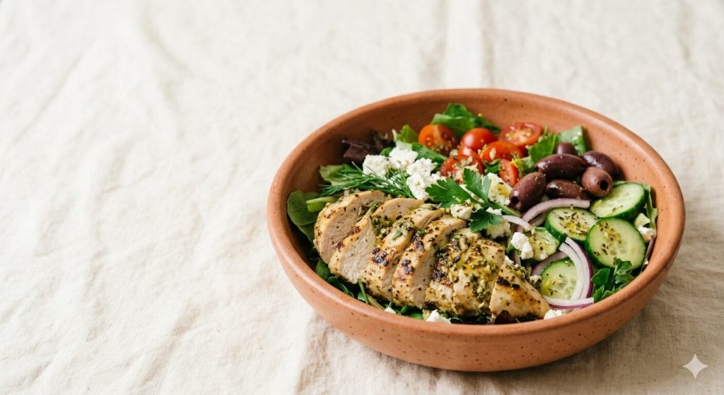 Izgara tavuklu Akdeniz salatası
